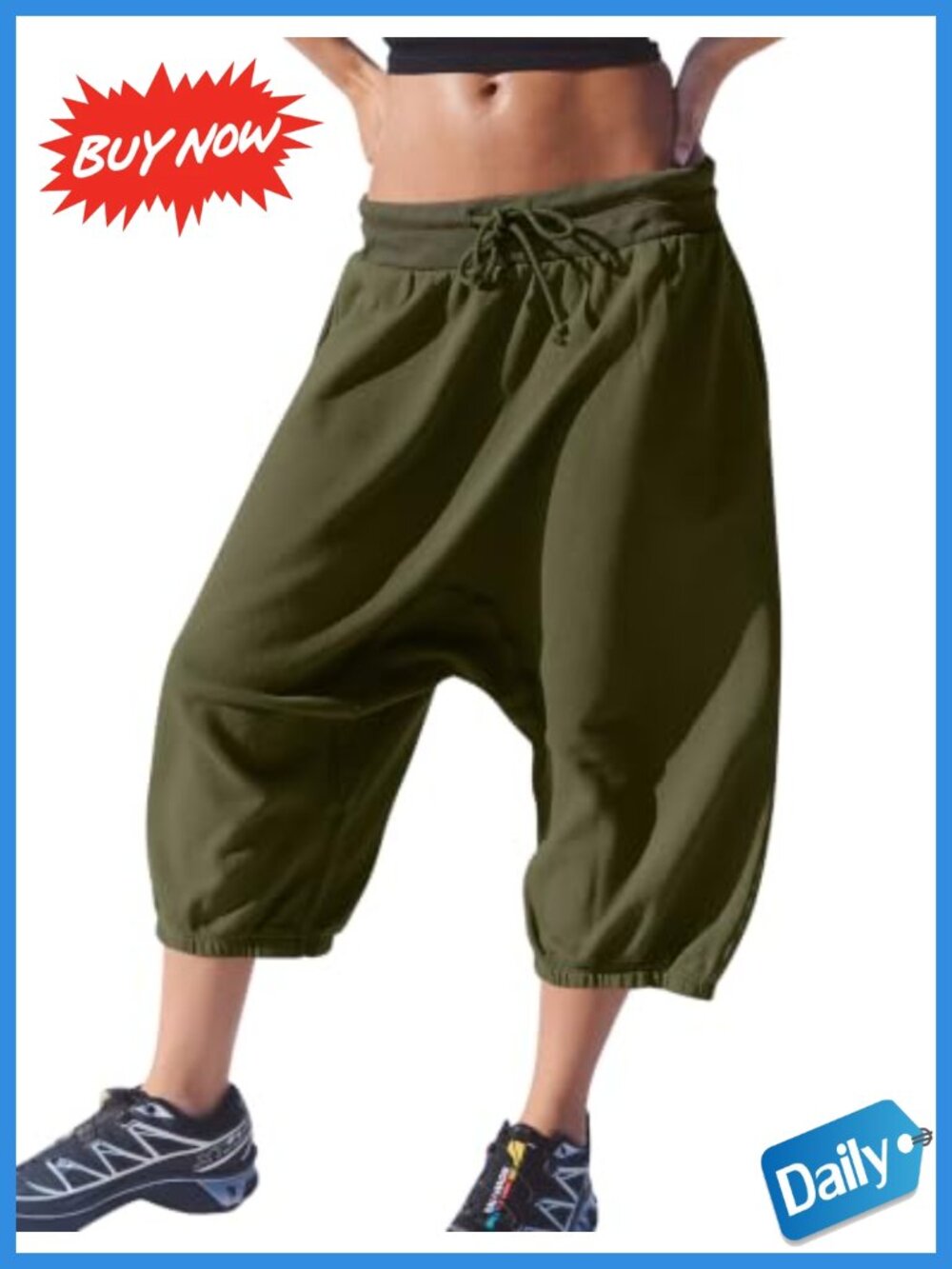 Wide Leg Capri Harem Sweatpants Baggy Drawstring Cropped Joggers Pockets